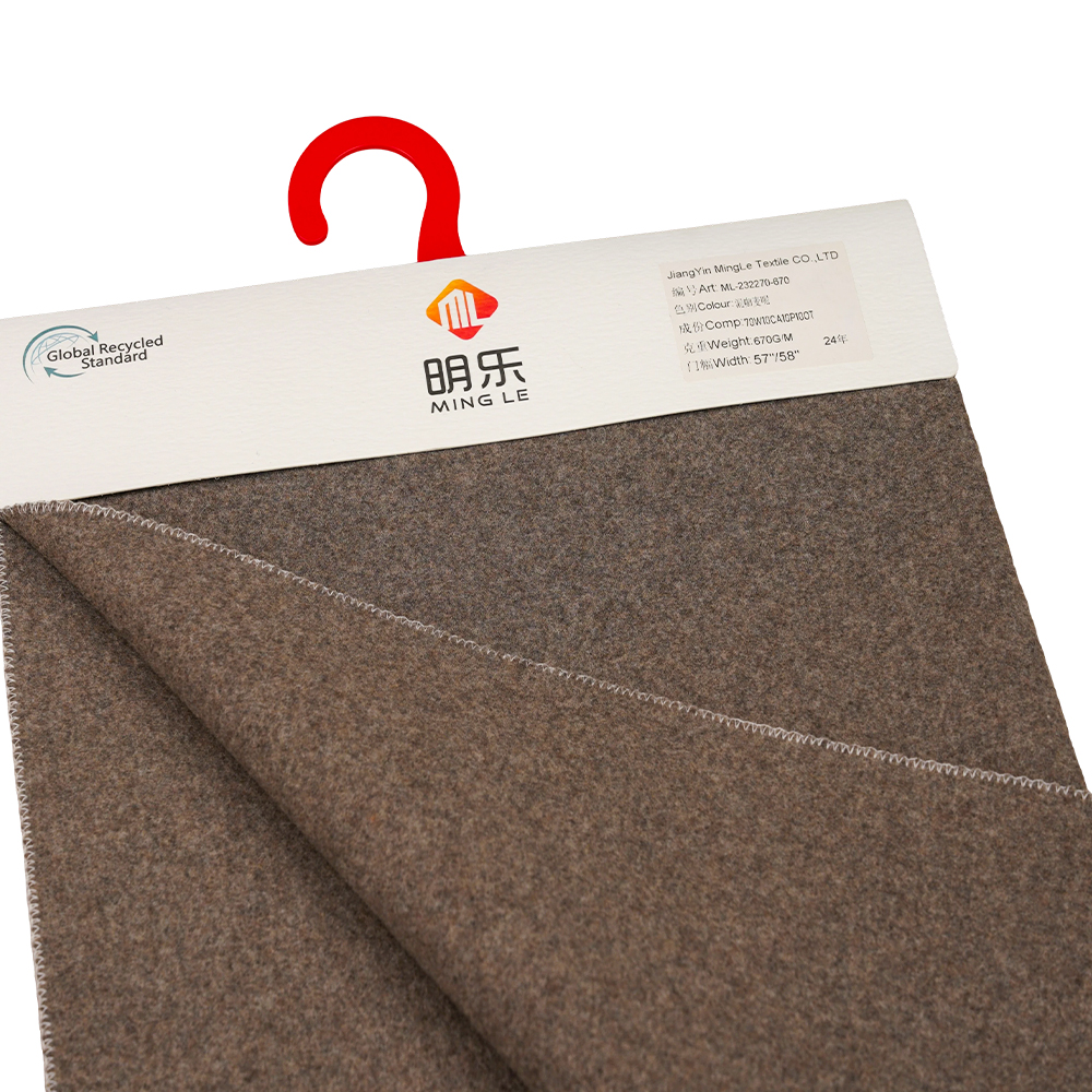 70 % lana, 10 % cachemira, 10 % poliéster, 10 % otra fibra, 670 g/m, café mixto, tela Melton, ML-232270-670